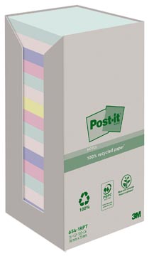 [654RPT] Post-it recycled notes nature, 100 feuilles, ft 76 x 76 mm, paquet de 16 blocs, couleurs assorties