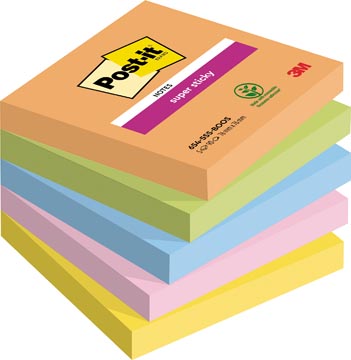 [654SSBO] Post-it super sticky notes boost, 90 feuilles, ft 76 x 76 mm, couleurs assorties, paquet de 5 blocs