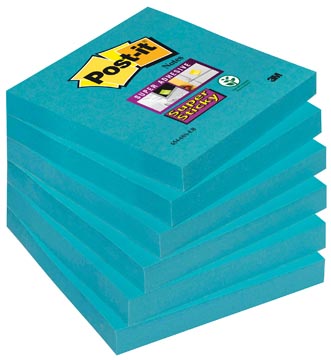 [654SSEB] Post-it super sticky notes, 90 feuilles, ft 76 x 76 mm, paquet de 6 blocs, bleu (paradise blue)