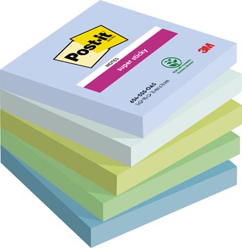 [654SSOA] Post-it super sticky notes oasis, 90 feuilles, ft 76 x 76 mm, couleurs assorties, paquet de 5 blocs