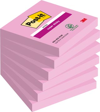 [654SSPK] Post-it super sticky notes, 90 feuilles, ft 76 x 76 mm, paquet de 6 blocs, rose (tropical pink)