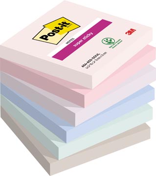 [654SSSO] Post-it super sticky notes soulful, 90 feuilles, ft 76 x 76 mm, couleurs assorties, paquet de 6 blocs,