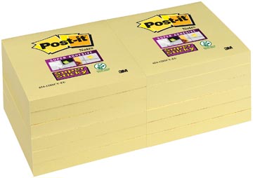 [654SSY] Post-it super sticky notes, 90 feuilles, ft 76 x 76 mm, jaune, paquet de 12 blocs