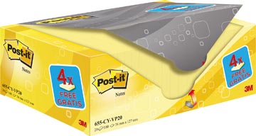 [655Y20] Post-it notes, 100 feuilles, ft 76 x 127 mm, jaune, paquet de 16 blocs  + 4 gratuit