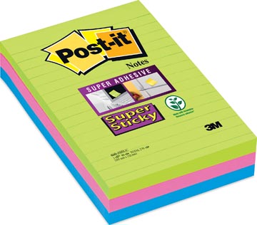 [660SUC] Post-it super sticky notes xxl, 90 feuilles, ft 102 x 152 mm, couleurs assorties, paquet de 3 blocs