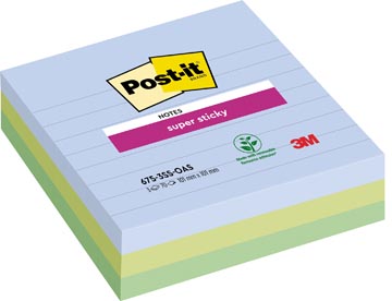 [675SSOA] Post-it super sticky notes xl oasis, 70 feuilles, ft 101 x 101 mm, ligné, couleurs assorties, paquet de 3