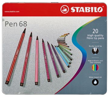 [6820-2] Stabilo pen 68 feutre, boîte métallique de 20 stiften en couleurs assorties