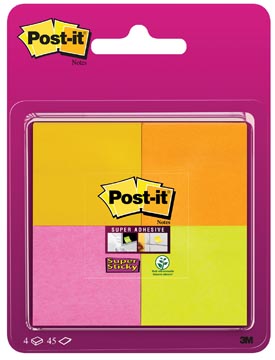 [6910SSP] Post-it super sticky notes, 45 feuilles, ft 47,6 x 47,6 mm, blister de 4 blocs en couleurs assorties