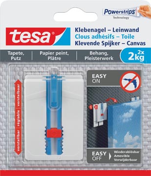 [77779] Tesa clou adhésif toile, supporte 2 kg, papier peint et plâtre, blanc, 2 clous et 6 languettes