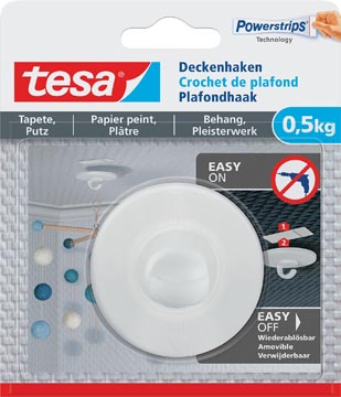 [77781] Tesa crochet de plafond adhésif, supporte 0,5 kg, papier peint et plâtre, blanc, 1 crochet & 3 languettes