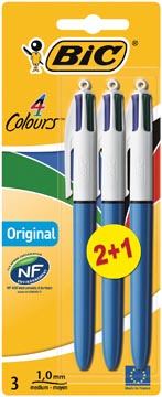 [811909] Bic 4 colours original, stylo bille, 0,32 mm, 4 couleurs d'encre classique, bleu, sous blister 2+1 gratui