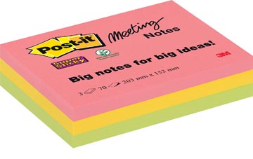 [86703EU] Post-it super sticky meeting notes, 70 feuilles, ft 203 x 153 mm, couleurs assorties, paquet de 3 blocs