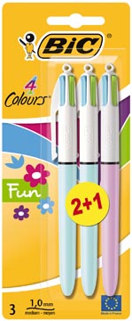 [883784] Bic 4 colours fun, stylo bille, 0,32 mm, 4 couleurs d'encre pastel,  blister de 2+1 gratuit