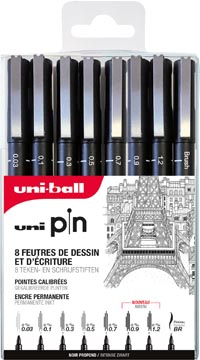 [8ASP010] Uni pin fineliner, étui de 8 pièces, noir, 0,03-0,1-0,3-0,5-0,7-0,9-1,2 et 1 brush