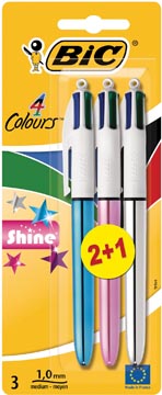 [902127] Bic 4 colours shine, stylo bille, 0,32 mm, 4 couleurs d'encre classique, bister de 2 + 1 gratuit