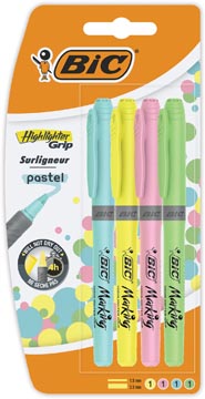 [964859] Bic surligneur highlighter grip pastel, blister de 4 pièces en couleurs assorties