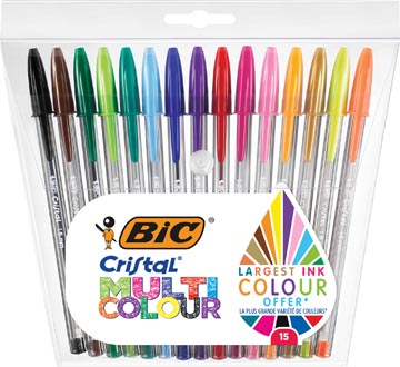 [964899] Bic stylo bille cristal multicolour, étui de 15 pièces en couleurs assorties