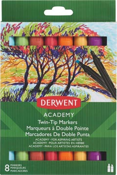 [98208] Derwent feutres twin tip academy, pointe normale/biseauté, blister de 8 pièces en couleurs assorties