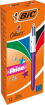 [15951351] Bic 4 colours shine, stylo bille, 0,32mm, 4 couleurs d'encre classique, corps lila métalisé