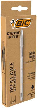 [997201] Bic stylo à bille cristal re-new, corps argent, encre noir, boîte de 1 pièce et 2 recharges