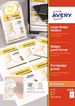 [A4834XL] Avery badge grand format, ft 10,5 x 14,8 cm, inserts inclus, boîte de 50 pièces