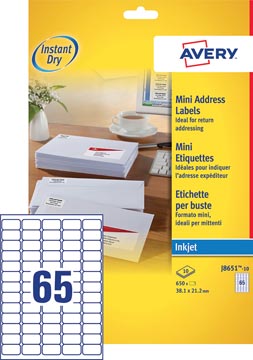 [J8651] Avery j8651-10 étiquettes mini ft 38,1 x 21,2 mm (b x h), 650 étiquettes, blanc
