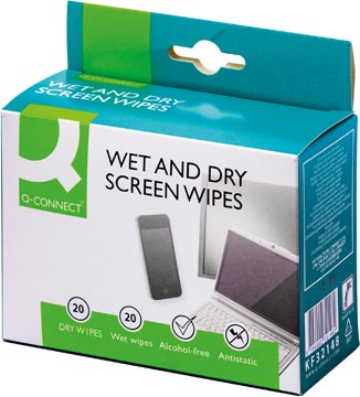 [KF32148] Q-connect lingettes nettoyantes "wet & dry" pour écrans, boîte de 20 pars (1 humide et 1 sèche)