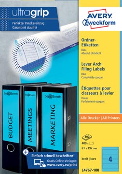 [L476710] Avery zweckform l4767-100 étiquettes pour classeurs à levier ft 19,2 x 6,1 cm (lxh), 400 étiquettes, bleu