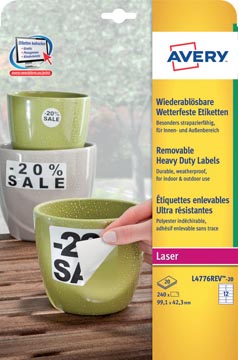 [L4776R] Avery étiquettes enlevables résistantes à l'humidité ft 99,1 x 42,3 mm (l x h), blanc boîte de 240 pièces