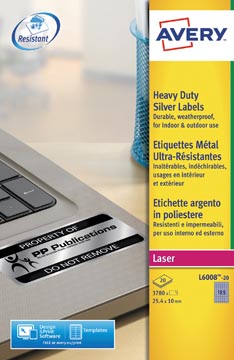 [L600820] Avery étiquettes ultra résistantes argentées ft 24,5 x 10 mm (l x h), 3.780 pièces, 189 par feuille