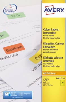 [L603520] Avery étiquettes de couleur mini repositionnables ft 63,5 x 33,9 mm (l x h), 480 pièces, jaune