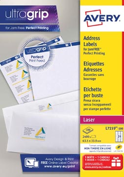 [L7159] Avery l7159, etiquettes adresses, laser, ultragrip, blanches, 100 pages, 24 per page, 63,5 x 33,9 mm