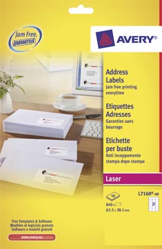 [L716040] Avery l7160, etiquettes adresses, laser, ultragrip, blanches, 40 pages, 21 per page, 63,5 x 38,1 mm