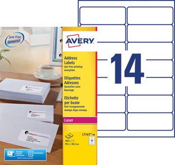 [L716340] Avery l7163, etiquettes adresses, laser, ultragrip, blanches, 40 pages, 14 per page, 99,1 x 38,1 mm