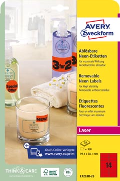 [L7263R] Avery étiquettes néon amovibles ft 99,1 x 38,1 mm (l x h), boîte de 25 feuilles, 350 pièces, rouge néon