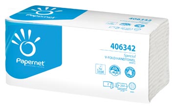 [P406342] Papernet essuie-mains en papier special, plié en v, 2 plis, 250 feuilles, blanc