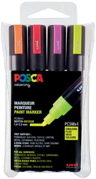[PC5M4F] Posca marqueur peinture pc-5m, étui de 4 pièces en couleurs assorties fluo