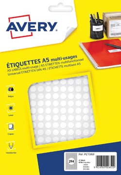 [PET08W] Avery pet08w etiquettes pastilles rondes, diamètre 8 mm, blister de 4704 pièces, blanc