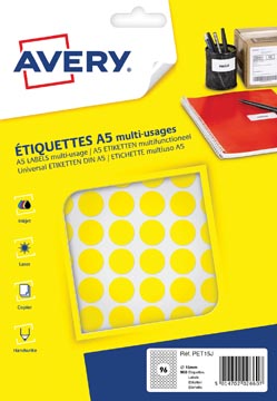 [PET15J] Avery pet15j etiquettes pastilles rondes, diamètre 15 mm, blister de 960 pièces, jaune