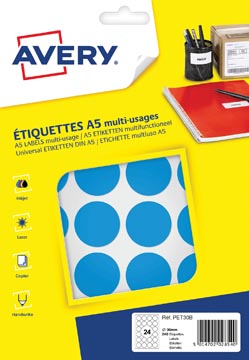 [PET30B] Avery pet30b etiquettes pastilles rondes, diamètre 30 mm, blister de 240 pièces, bleu clair