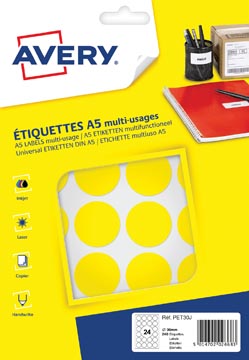 [PET30J] Avery pet30j etiquettes pastilles rondes, diamètre 30 mm, blister de 240 pièces, jaune