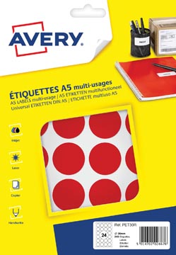 [PET30R] Avery pet30r etiquettes pastilles rondes, diamètre 30 mm, blister de 240 pièces, rouge