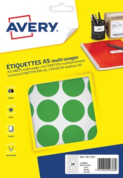 [PET30V] Avery pet30v etiquettes pastilles rondes, diamètre 30 mm, blister de 240 pièces, vert
