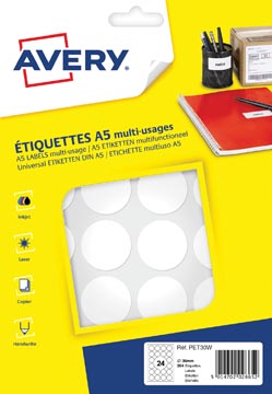 [PET30W] Avery pet30w etiquettes pastilles rondes, diamètre 30 mm, blister de 384 pièces, blanc