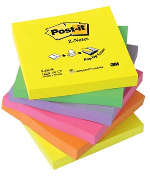 [R330NR] Post-it z-notes, 100 feuilles, ft 76 x 76 mm, couleurs néon, paquet de 6 blocs