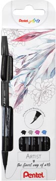 [SESF304] Pentel feutre pinceau artist, étui cartonné avec 4 pièces: noir, gris, turquoise et rose