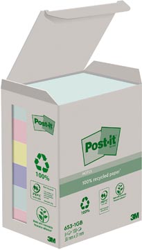 [653GBN] Post-it recycled notes nature, 100 feuilles, ft 38 x 51 mm, paquet de 6 blocs, couleurs assorties