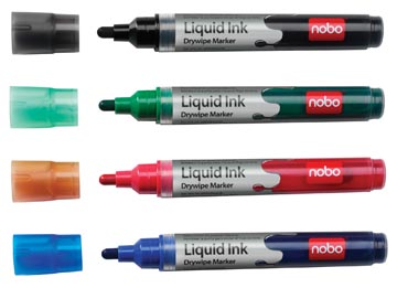 [1902408] Nobo marqueur pour tableaux blancs couleurs assorties: noir, vert, rouge et bleu, blister de 4 pièces