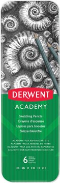 [2301945] Derwent crayon graphite academy, boîte métallique de 6 pièces: 3b-2b-b-hb-h-2h